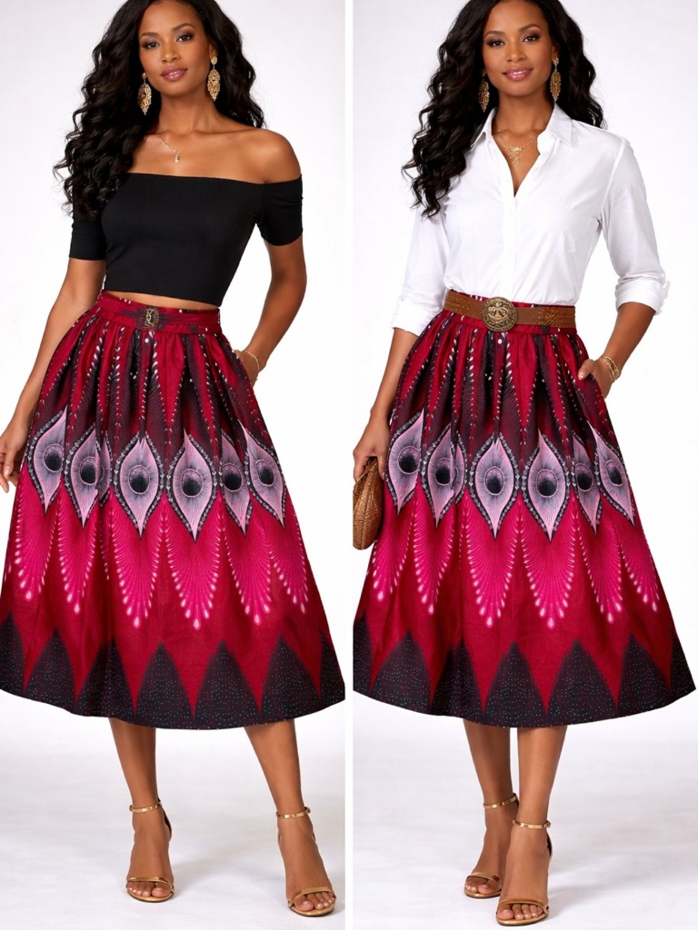 Handmade Ankara Statement Skirt Red Pink Black Bold Print Maxi Pockets Medium